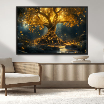 92739-MGV-CV-36X24-Glowing Tree Wall Art – Enchanted Golden Forest Canvas Print, Mystical Illuminated Nature Painting Poster for Living Room,