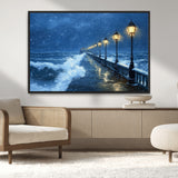 32668-MGV-CV-36X24-Stormy Pier Wall Art – Ocean Waves and Street Lamps Canvas Print, Rainy Night Seascape Oil Painting Poster for Living Room,
