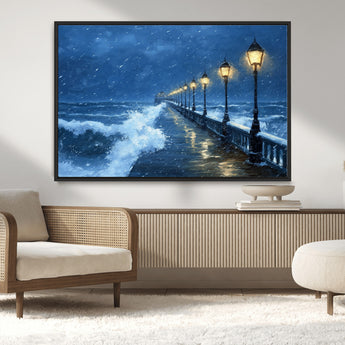 32668-MGV-CV-36X24-Stormy Pier Wall Art – Ocean Waves and Street Lamps Canvas Print, Rainy Night Seascape Oil Painting Poster for Living Room,