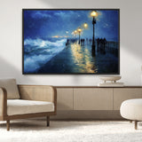 76572-MGV-CV-36X24-Stormy Night Pier Wall Art – Ocean Waves and Street Lamps Canvas Print, Rainy Seascape Oil Painting Poster for Living Room,