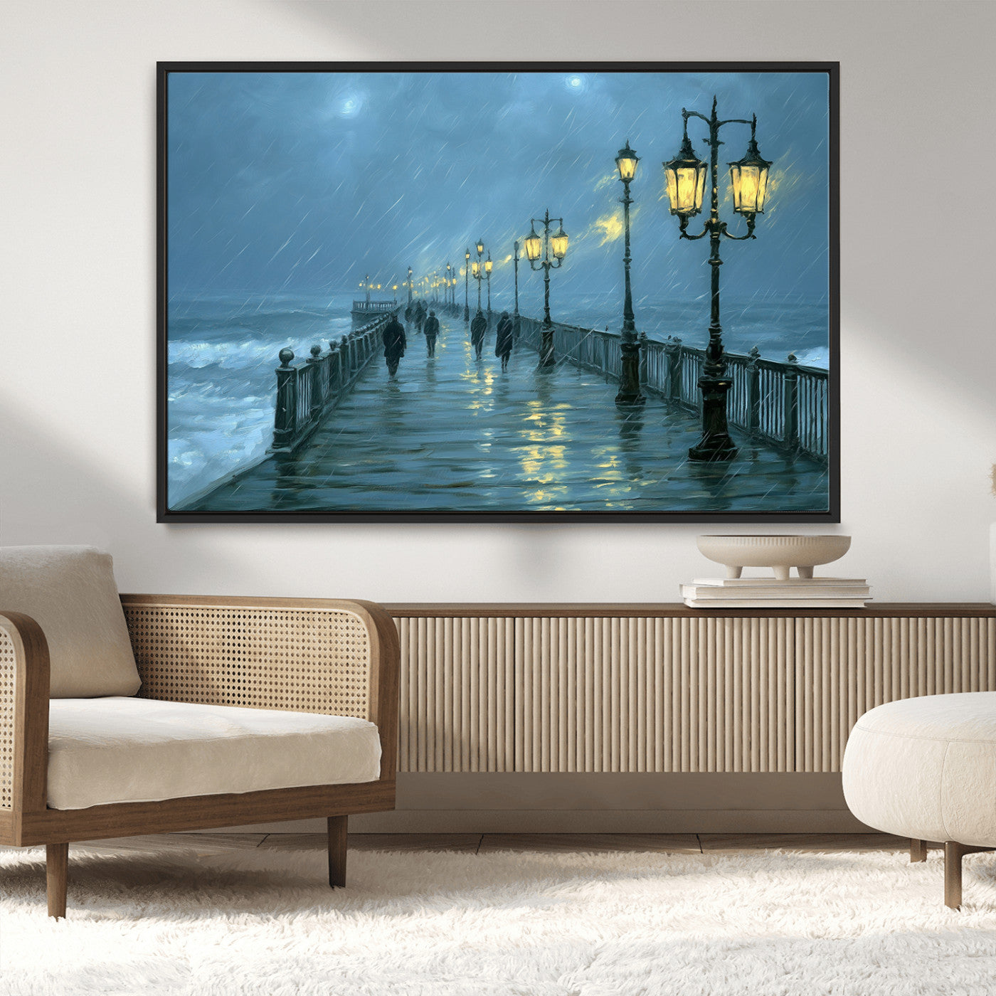 79606-MGV-FC-36X24_Black-Rainy Pier Night Wall Art – Ocean Waves and Street Lamps Canvas Print, Moody Seascape Oil Painting Poster for Living Room,
