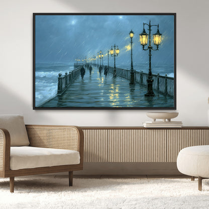 79606-MGV-FC-36X24_Black-Rainy Pier Night Wall Art – Ocean Waves and Street Lamps Canvas Print, Moody Seascape Oil Painting Poster for Living Room,