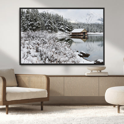 29975-MGV-FC-36X24_Black-Winter Cabin by the Lake Wall Art – Snowy Mountain Landscape Canvas Print, Rustic Lodge Cabin Decor for Cozy Living Room, Bedroom