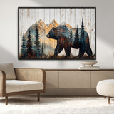 90077-MGV-CV-36X24-Wood Grizzly Bear Wall Art Canvas Print, Framed Abstract Bear Art Picture Print, Bear in Forest Perfect Rustic Lodge Decor Artwork