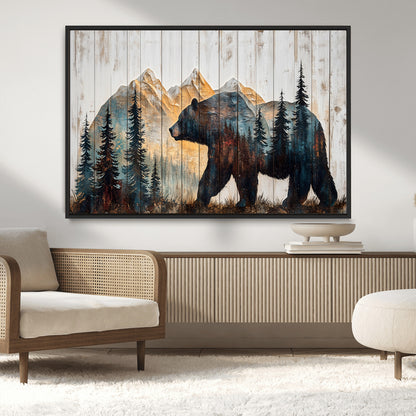 90077-MGV-CV-36X24-Wood Grizzly Bear Wall Art Canvas Print, Framed Abstract Bear Art Picture Print, Bear in Forest Perfect Rustic Lodge Decor Artwork