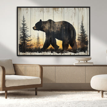83875-MGV-CV-36X24-Sunset Bear Wall Art – Rustic Wildlife Canvas Print with Forest Silhouette, Cabin Lodge Decor for Living Room or Office
