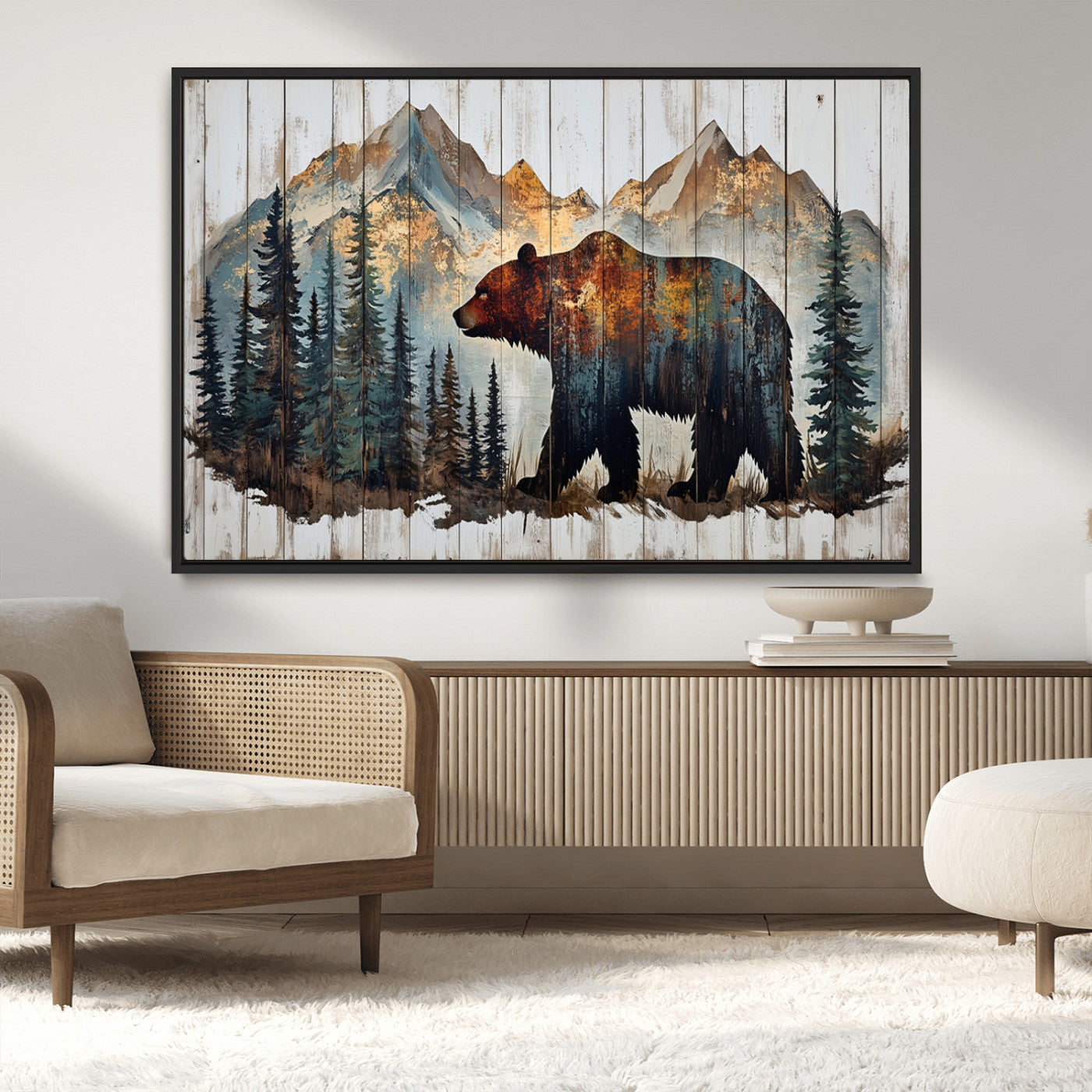 55777-MGV-CV-36X24-Rustic Bear Wall Art Canvas Print, Framed Mountain and Forest Art Picture Print, Wooden Bear Perfect Rustic Lodge Decor Artwork