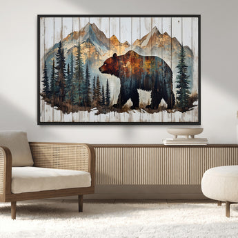 55777-MGV-CV-36X24-Rustic Bear Wall Art Canvas Print, Framed Mountain and Forest Art Picture Print, Wooden Bear Perfect Rustic Lodge Decor Artwork