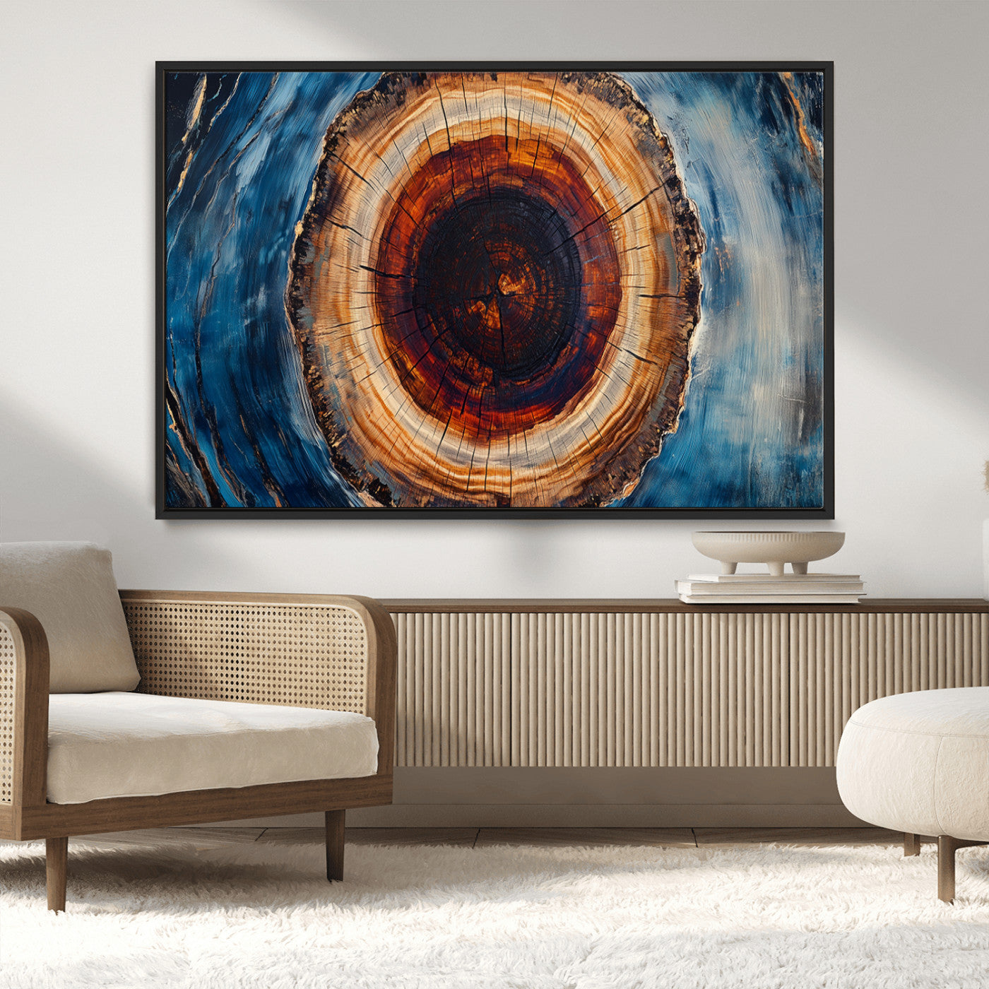 30457-MGV-CV-36X24-Tree Ring Abstract Wall Art – Blue and Brown Wood Grain Canvas Print, Modern Nature Inspired Painting for Rustic Living Room,