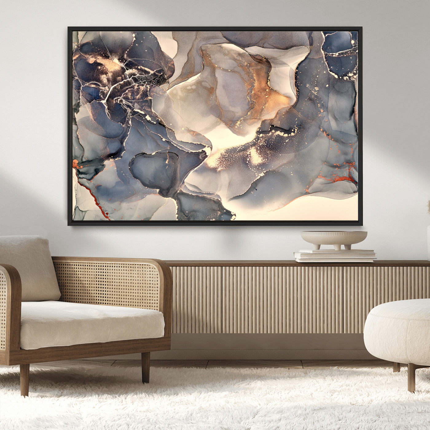 18202-MGV-CV-36X24-Abstract Neutral Wall Art – Blue, Beige and Gold Fluid Ink Canvas Print, Modern Minimalist Painting for Living Room, Office