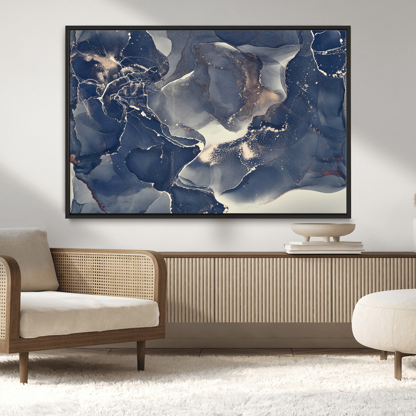 28282-MGV-CV-36X24-Blue Abstract Wall Art – Modern Ink Swirl Canvas Print, Contemporary Navy and Gold Painting for Living Room, Bedroom, Office or