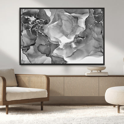 15911-MGV-CV-36X24-Black and White Abstract Wall Art – Modern Ink Swirl Canvas Print, Minimalist Contemporary Painting for Living Room, Bedroom,