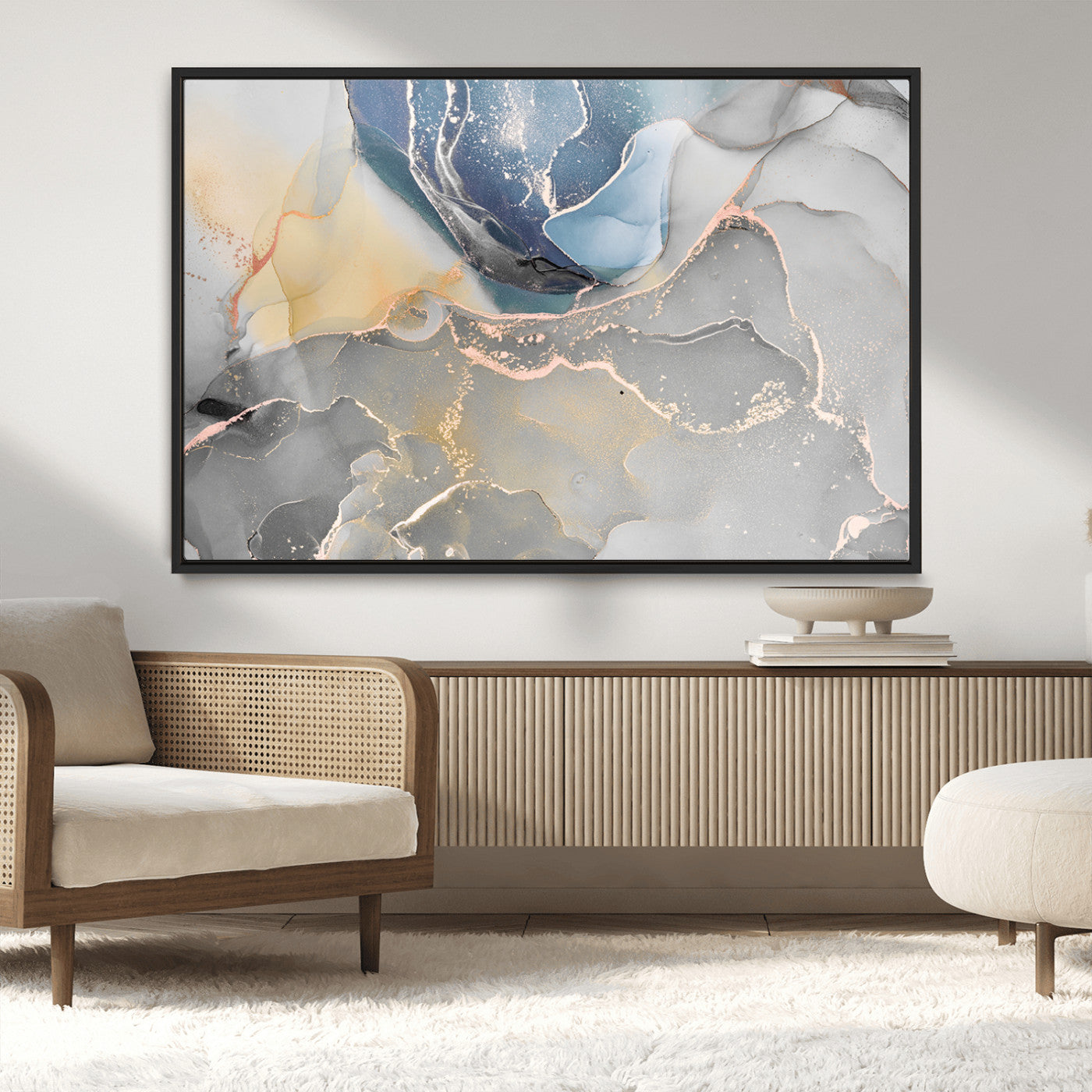 18176-MGV-CV-36X24-Abstract Fluid Wall Art – Modern Marble Ink Canvas Print with Blue, Gold, and Gray Tones, Contemporary Minimal Artwork Decor for