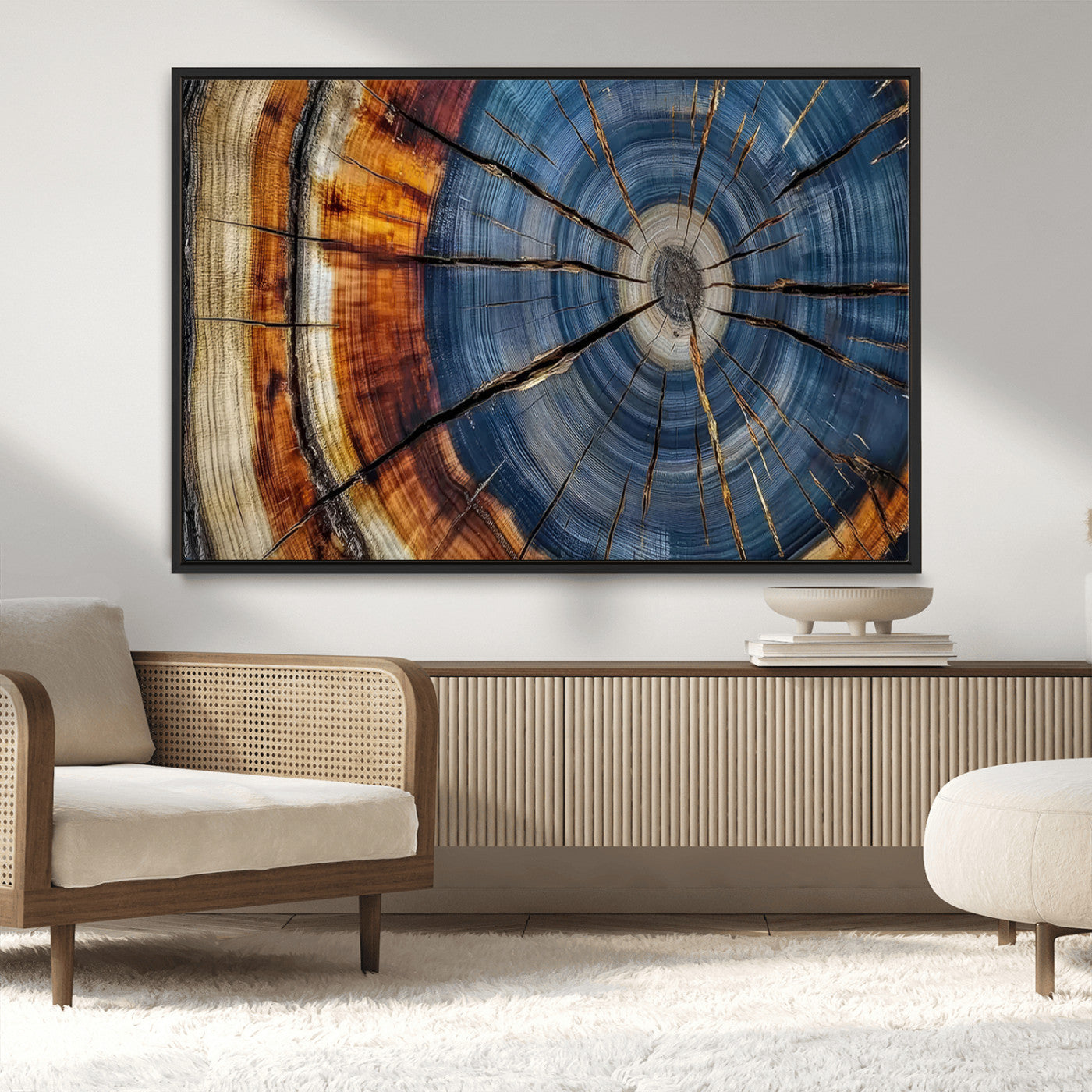 10583-MGV-CV-36X24-Tree Ring Wall Art – Abstract Wood Grain Canvas Print with Blue and Brown Tones, Nature Inspired Rustic Artwork for Living Room,