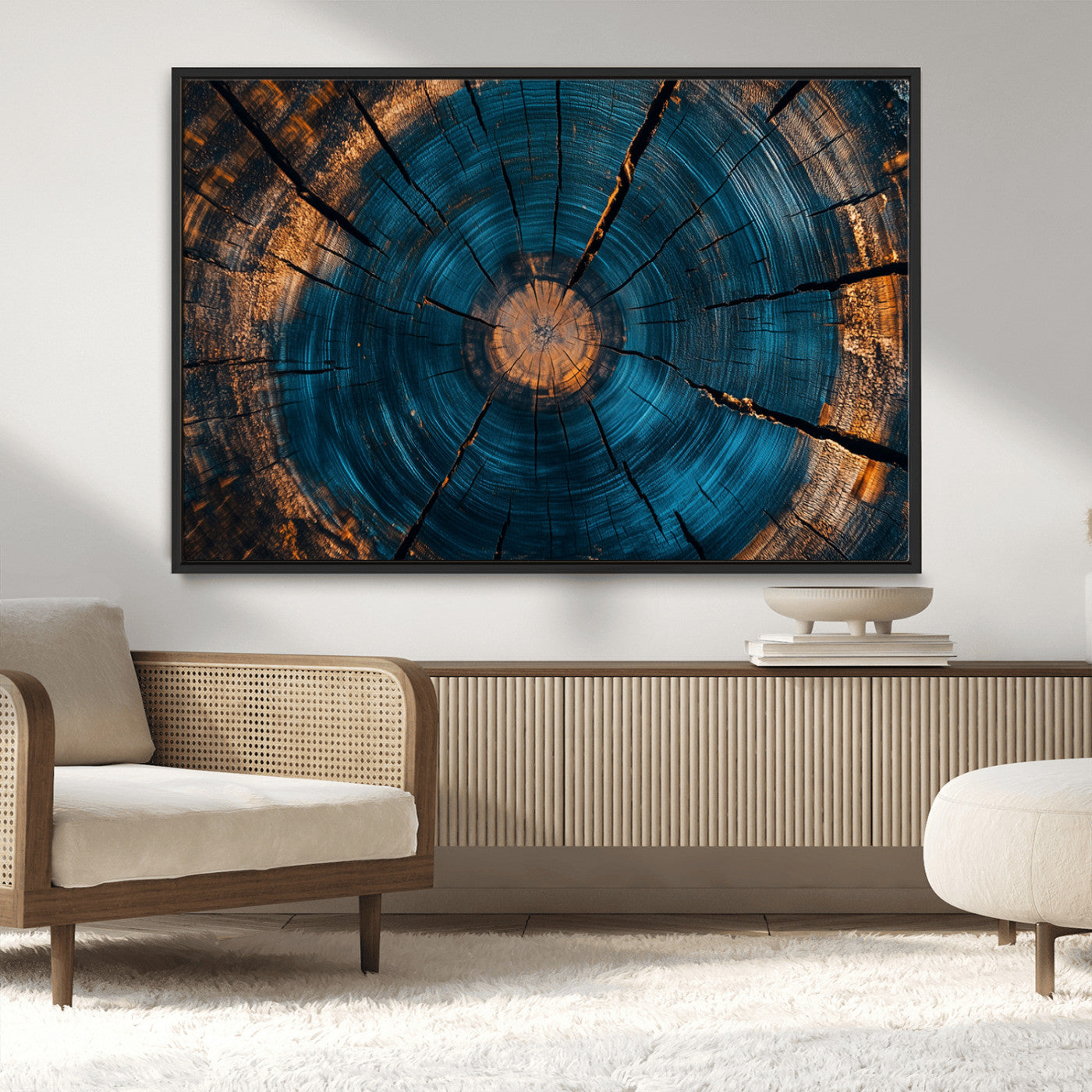 13398-MGV-CV-36X24-Tree Ring Wall Art – Abstract Wood Grain Canvas Print with Blue and Orange Accents, Rustic Nature Inspired Artwork for Living