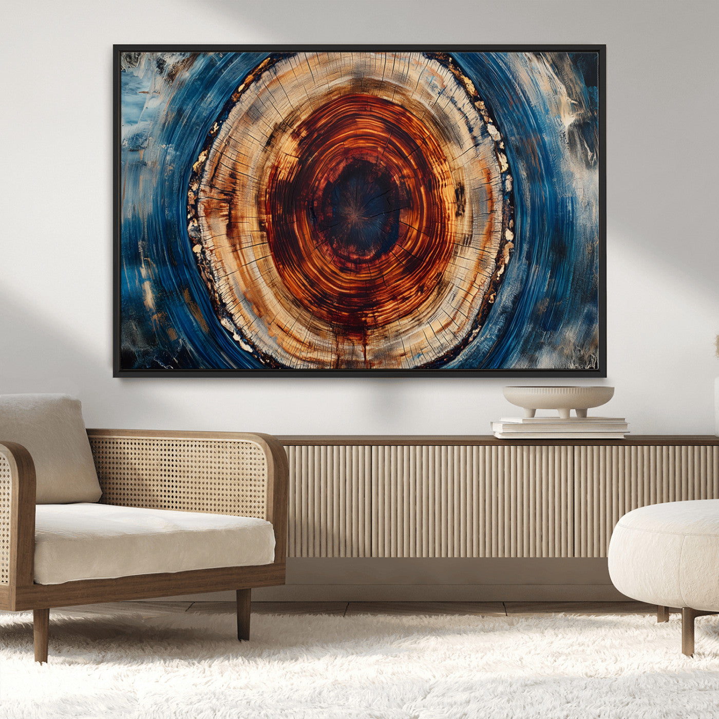90395-MGV-CV-36X24-Tree Ring Wall Art – Abstract Wood Grain Canvas Print with Fiery Red and Blue Tones, Bold Rustic Nature Inspired Artwork Decor for