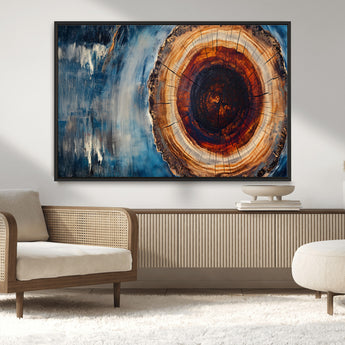 48045-MGV-CV-36X24-Tree Ring Abstract Wall Art – Rustic Wood Grain Canvas Print with Brown Center and Blue Brush Strokes, Nature Inspired Artwork for