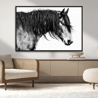57694-MGV-CV-36X24-Horse Portrait Wall Art – Black and White Canvas Print with Detailed Stallion Profile, Rustic Farmhouse Equestrian Artwork for