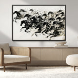 23069-MGV-CV-36X24-Galloping Horses Wall Art – Black Ink Painting on Canvas, Dynamic Equestrian Artwork with Running Stallions, Expressive Modern