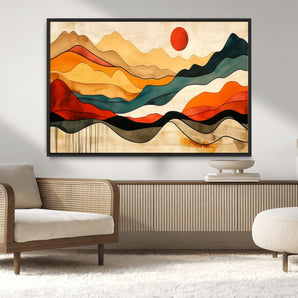 71582-MGV-CV-36X24-Abstract Mountain Landscape Wall Art – Warm Sunset Horizon Canvas Print with Bold Earthy Colors, Modern Boho Style Décor for