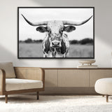 20272-MGV-CV-36X24-Highland Cow Wall Art – Black and White Western Longhorn Canvas Print, Farmhouse Living Room Decor Southwestern Animal Artwork for