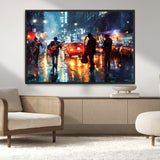 94605-MGV-CV-36X24-City Jazz Night Wall Art – Vibrant Music Canvas Print Featuring Saxophone, Guitar and Bass Players, Urban Street Scene Artwork for