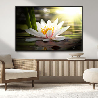 40478-MGV-CV-36X24-Water Lily Wall Art – White Lotus Flower Canvas Print with Sunlight Reflection, Serene Botanical Artwork for Living Room, Bedroom,