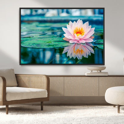 65933-MGV-CV-36X24-Pink Water Lily Wall Art – Lotus Flower Canvas Print with Reflection on Calm Water, Peaceful Botanical Artwork for Living Room,