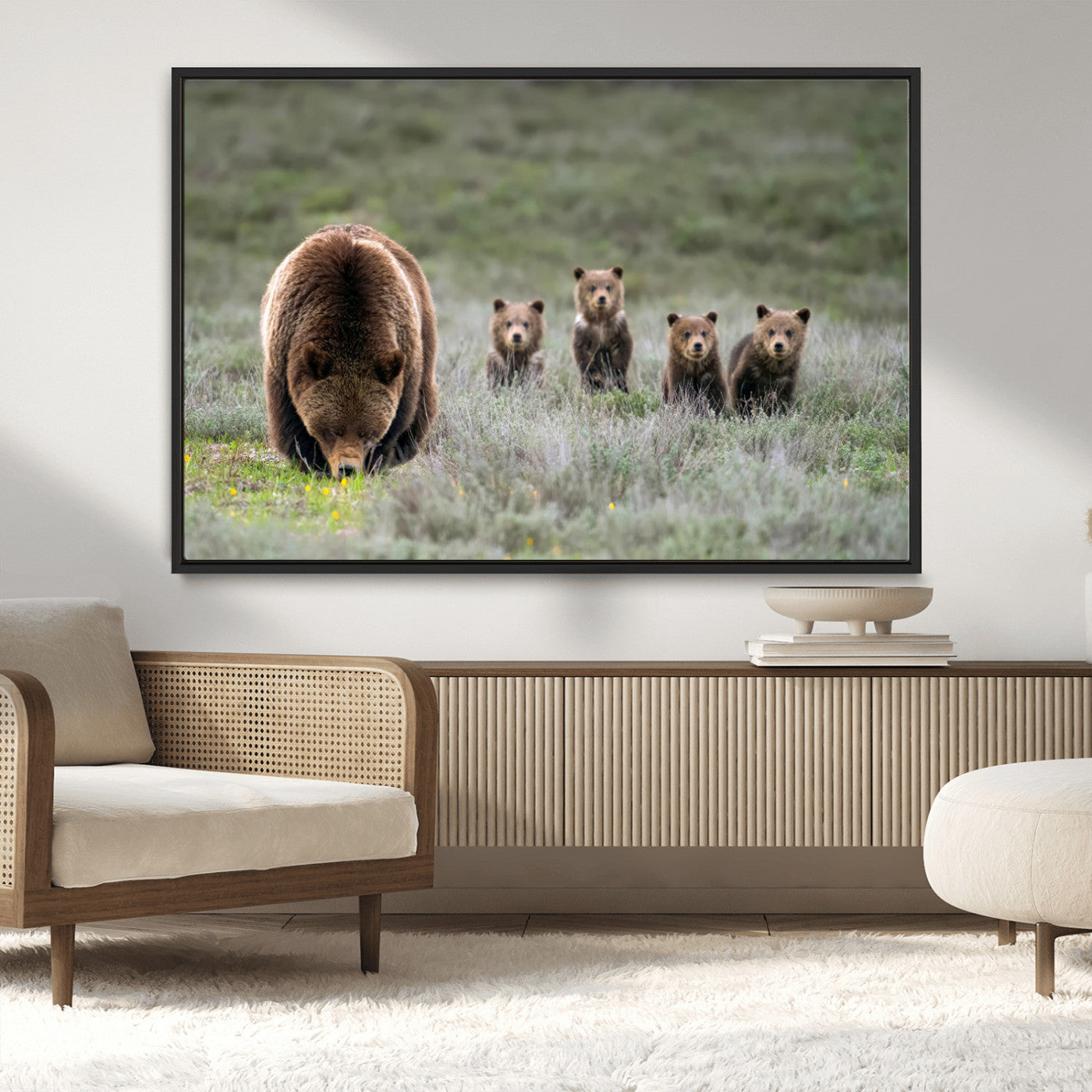 65087B-MGV-CV-36X24-Bear Family Wall Art – Wildlife Canvas Print Featuring Mother Bear with Cubs in Nature, Rustic Animal Artwork for Living Room,