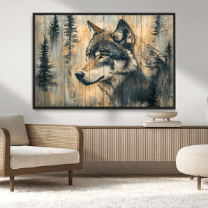 51892-MGV-CV-36X24-Wolf Wall Art – Rustic Canvas Print of Wolf with Forest Trees on Wood Texture, Wildlife Lodge Artwork for Living Room, Bedroom,