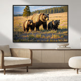 43400-MGV-CV-36X24-Bear Family Wall Art – Wildlife Canvas Print of Mother Bear with Cubs in Sunlit Meadow, Rustic Animal Artwork for Living Room,