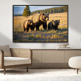 43400-MGV-CV-36X24-Bear Family Wall Art – Wildlife Canvas Print of Mother Bear with Cubs in Sunlit Meadow, Rustic Animal Artwork for Living Room,