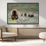 40555-MGV-CV-36X24-Bear Family Wall Art – Wildlife Canvas Print of Mother Bear with Four Cubs in Nature, Rustic Animal Artwork for Living Room,