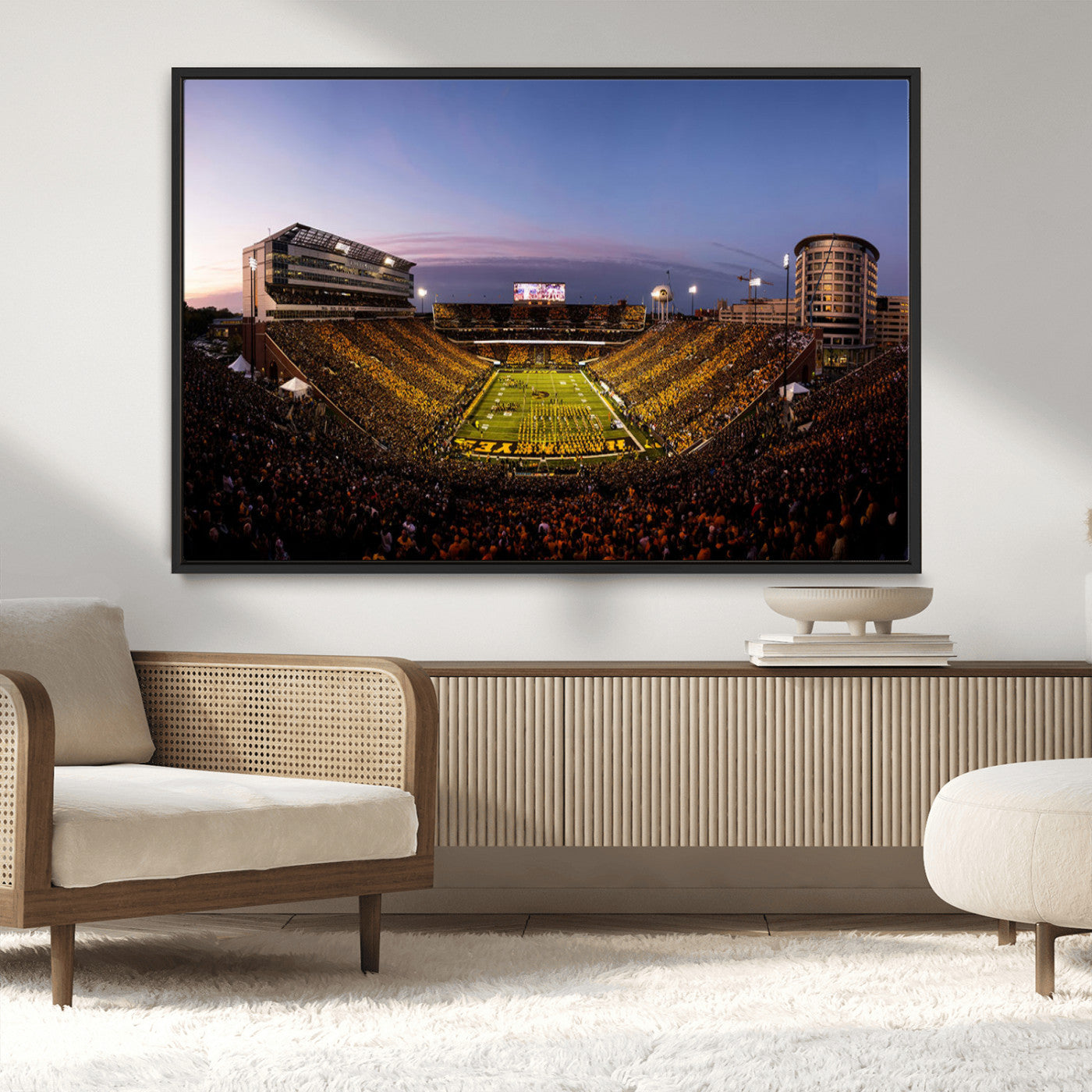 82557-MGV-CV-36X24-College Football Stadium Wall Art – Panoramic Sunset Canvas Print with Marching Band and Game Day Crowd, Sports Artwork for Man