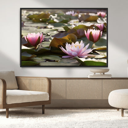 28394-MGV-CV-36X24-Water Lily Pond Wall Art – Pink Lotus Flowers Canvas Print with Green Lily Pads, Peaceful Botanical Artwork for Living Room,