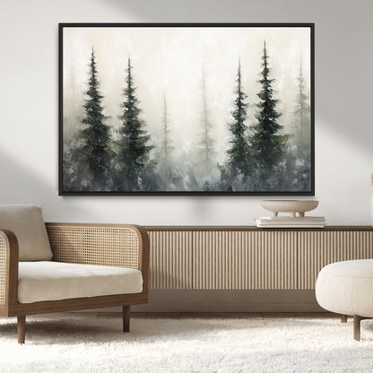 33241-MGV-CV-36X24-Misty Forest Wall Art Canvas Print, Framed Foggy Pines Art Picture Print, Forest Haze Perfect Rustic Minimalist Decor Artwork
