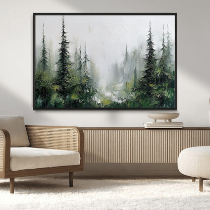 76014-MGV-CV-36X24-Forest Wall Art – Textured Canvas Print Featuring Misty Evergreen Pines and Woodland Landscape, Rustic Nature Artwork for Living