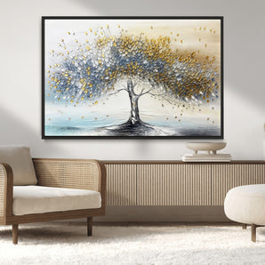 24771-MGV-CV-36X24-Silver Tree Wall Art Canvas Print, Framed Golden Leaves Art Picture Print, Metallic Tree Perfect Minimalist Luxury Decor Artwork
