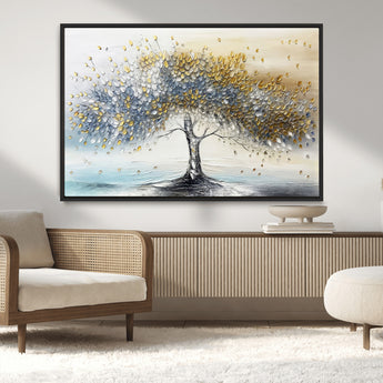 24771-MGV-CV-36X24-Silver Tree Wall Art Canvas Print, Framed Golden Leaves Art Picture Print, Metallic Tree Perfect Minimalist Luxury Decor Artwork
