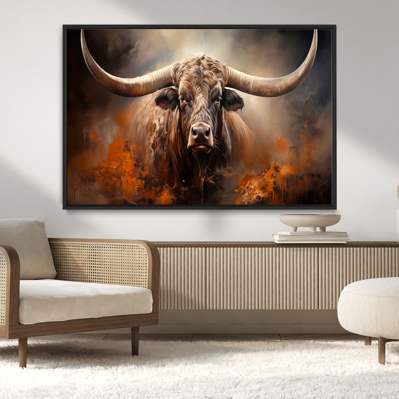 240479-MGV-CV-36X24-Longhorn Bull Wall Art – Dramatic Western Canvas Print Featuring Horned Bull with Fiery Background, Rustic Farmhouse Artwork for