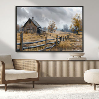 Farm1-MGV-CV-36X24-Rustic Autumn Farmhouse Wall Art – Serene Countryside Scene Canvas Print, Weathered Barn and Autumn Trees Decor for Living Room,