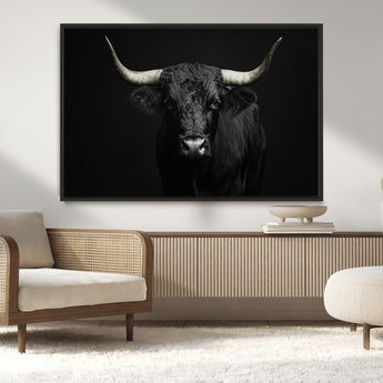 97914921-MGV-CV-36X24-Black Bull Wall Art Canvas Print, Framed Longhorn Bull Art Picture Print, Western Bull Perfect Monochrome Western Decor Artwork