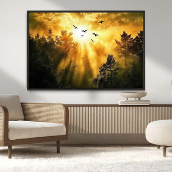 13776802-MGV-CV-36X24-Golden Forest Wall Art Canvas Print, Framed Sunset Pines Art Picture Print, Flying Birds Perfect Nature Glow Decor Artwork