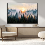 56391411-MGV-CV-36X24-Misty Forest Wall Art Canvas Print, Framed Sunrise Pines Art Picture Print, Moody Pines Perfect Serene Woodland Decor Artwork