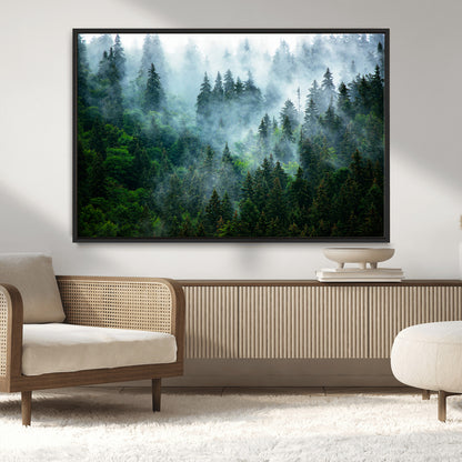 17393683-MGV-CV-36X24-Misty Forest Art Wall Art Canvas Print, Framed Foggy Mountain Art Art Picture Print, Scenic Wall Print Perfect Decor Artwork