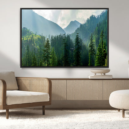 83417191-MGV-CV-36X24-Misty Mountain Forest Wall Art – Pine Tree Landscape Canvas Print, Nature Photography Panorama, Tranquil Green Forest Décor for