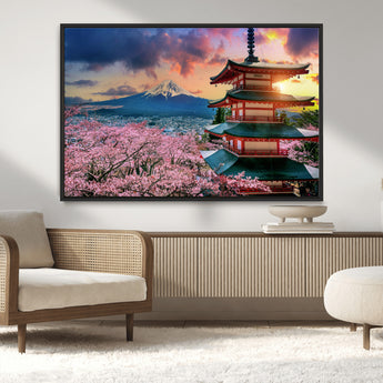 32331262-MGV-CV-36X24-Mount Fuji Japan Wall Art – Cherry Blossom Landscape Canvas Print, Chureito Pagoda Sunset Photography, Japanese Nature Travel
