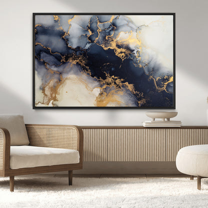 41136487-MGV-CV-36X24-Black Marble Wall Art Canvas Print, Framed Gold Veins Art Picture Print, Abstract Texture Perfect Moody Luxe Decor Artwork