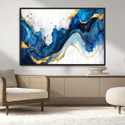 33506371-MGV-CV-36X24-Blue Marble Wall Art Canvas Print, Framed Gold Splash Art Picture Print, Abstract Wave Perfect Modern Luxe Decor Artwork