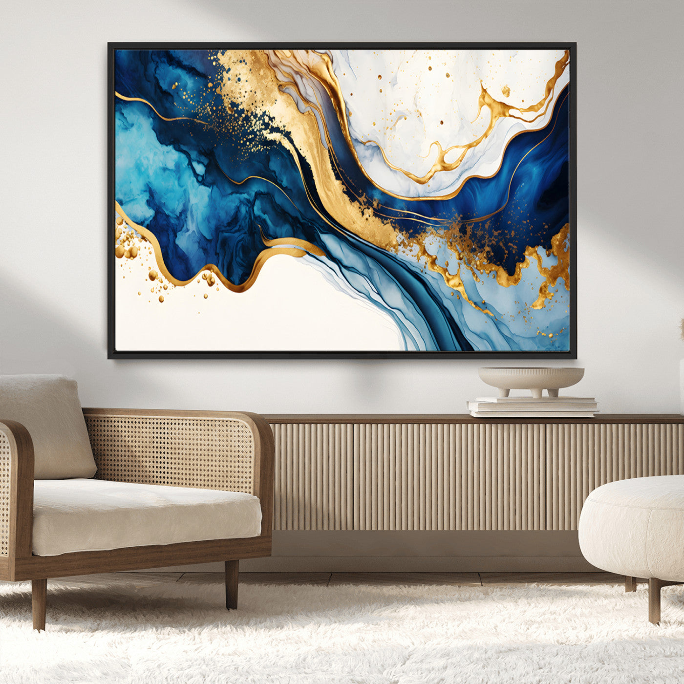 60283636-MGV-CV-36X24-Blue Gold Flow Wall Art Canvas Print, Framed Marble Texture Art Picture Print, Elegant Splash Perfect Elegant Abstract Decor